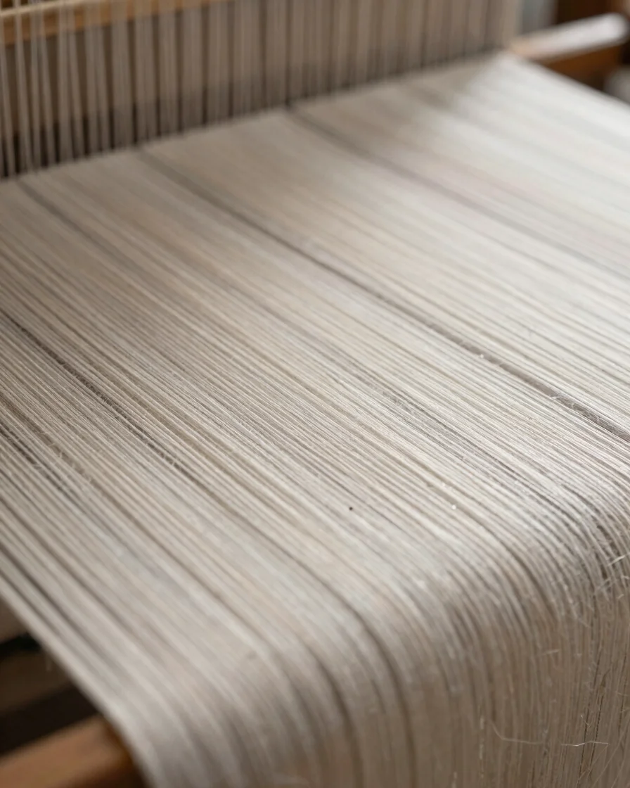 Close-focus macro of a silk weave on a loom, soft directional daylight revealing fiber texture, neutral tones, 50mm lens